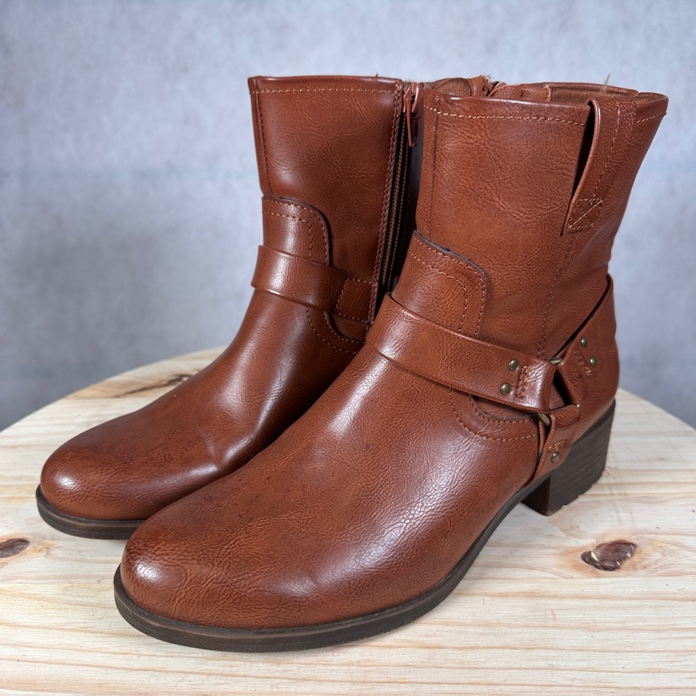 Frye & Co Harness Ankle Boots Womens Size 7/7.5 Brown Good Faux Leather Moto Zip